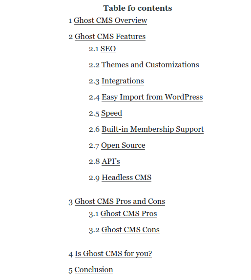ghost cms table of contents preview